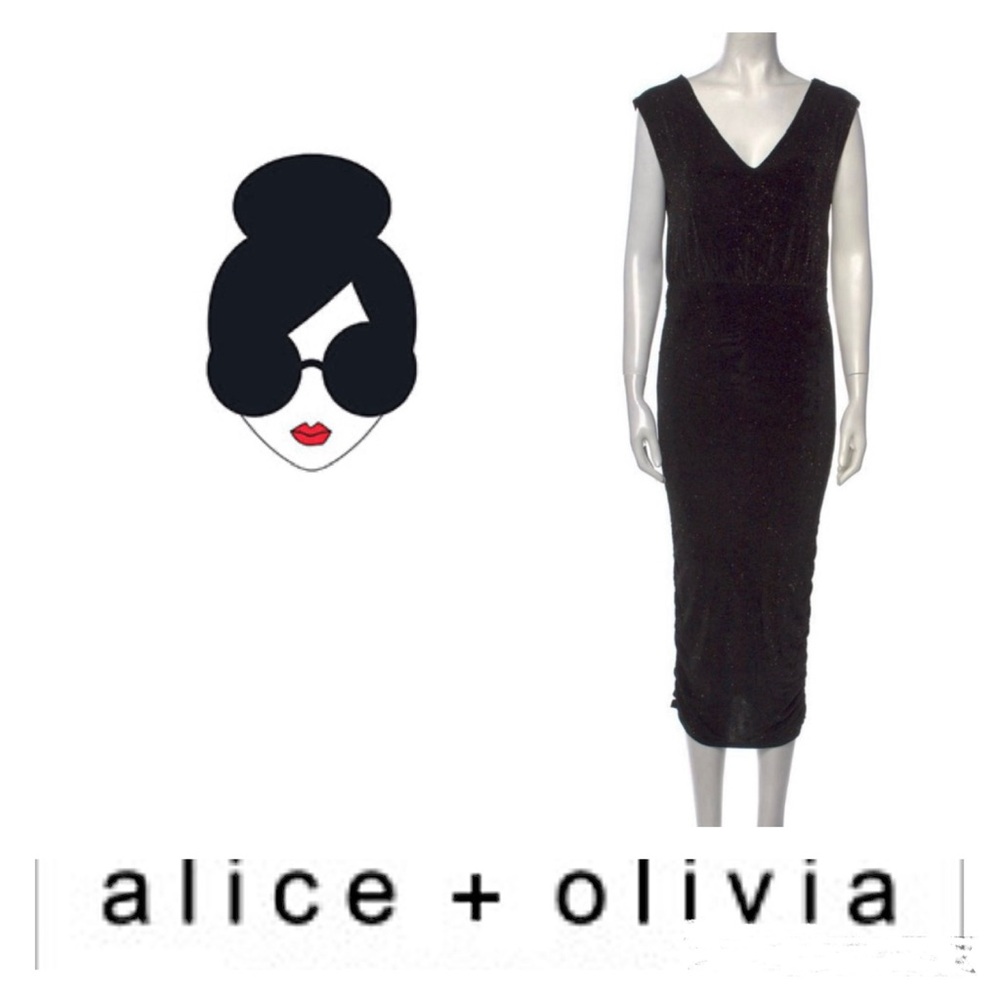 Alice + Olivia Black Glitter 
V-Neck Midi Evening Cocktail Dress